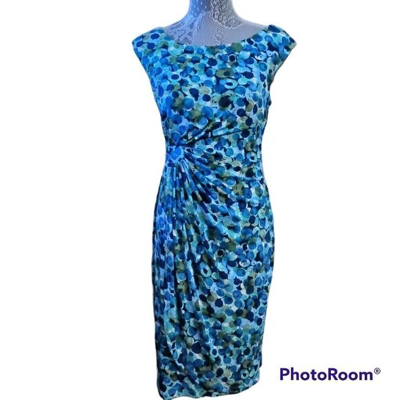 DRESSBARN Blue Teal Print Dress Beautiful Drape, Size 6 - Picture 1 of 9